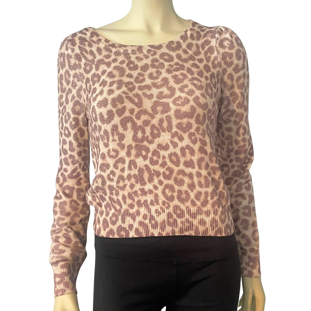 Love Shack Fancy Sz M Cropped Long Sleeve Sweater Leopard Print Wool Blend